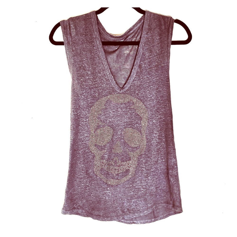 Grey Linen Skull V-Neck Top